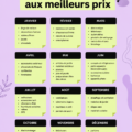 Un calendrier décoratif présentant les mois de l'année avec des icônes symbolisant les économies et les promotions.