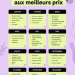 Un calendrier décoratif présentant les mois de l'année avec des icônes symbolisant les économies et les promotions.