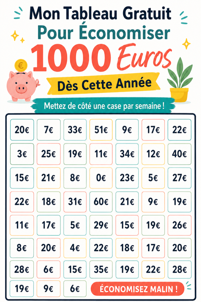Tableau d'économies à imprimer pour économiser 1000 euros