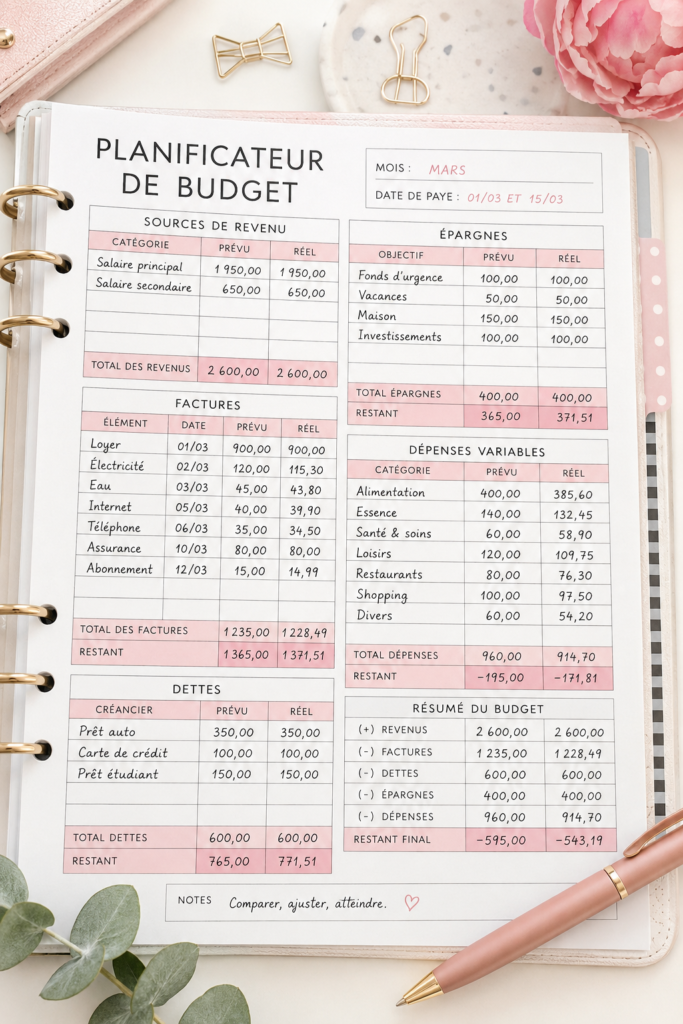 Femme dans son salon examinant ses finances avec un ordinateur et un carnet.