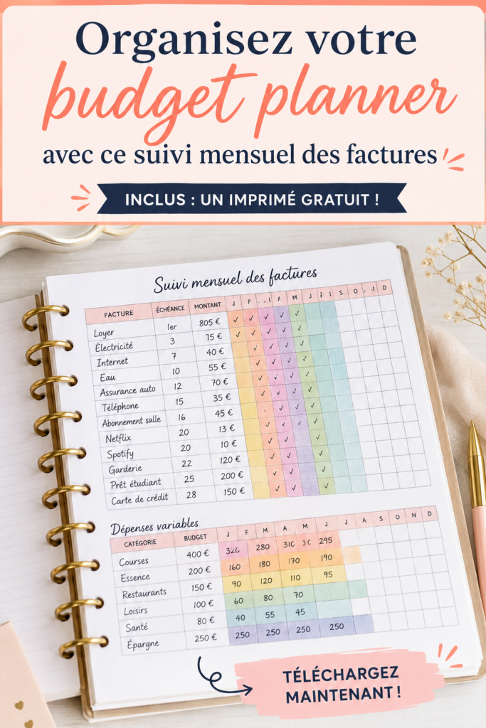 Femme utilisant un tracker de budget sur une table avec des factures.