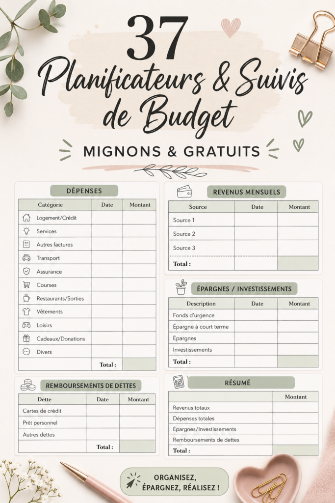 Un ensemble de planificateurs de budget à imprimer avec des designs colorés et attrayants.