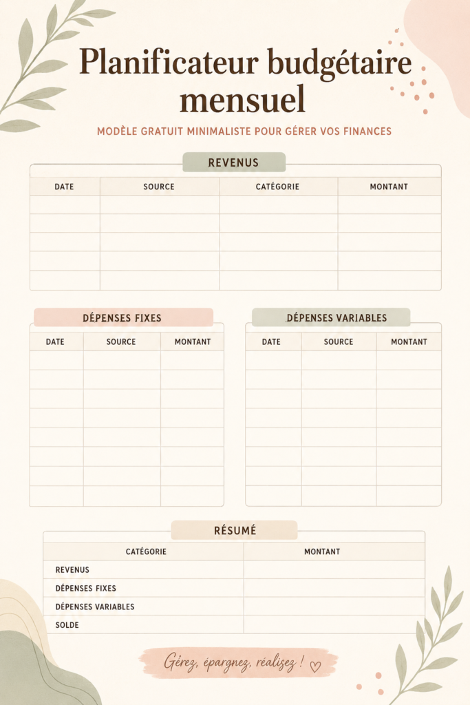 Modèle de planner financier minimaliste sur fond neutre avec des éléments décoratifs subtils.