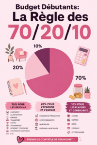 Une femme souriante planifiant son budget selon la règle des 70/20/10.