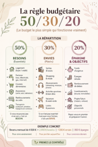 Règle du budget 50/30/20 illustrée avec des graphiques explicatifs