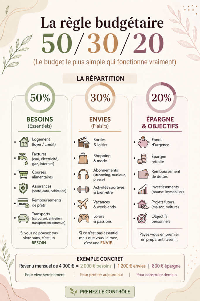 Règle du budget 50/30/20 illustrée avec des graphiques explicatifs