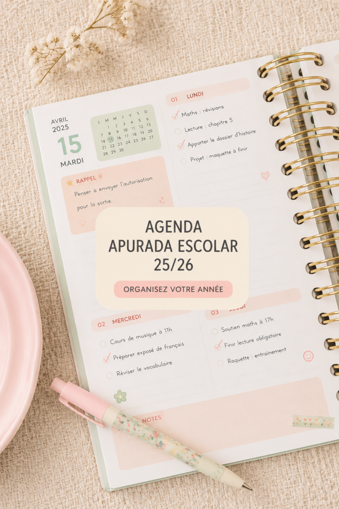 Agenda scolaire 2025-2026 ouvert sur une table, avec des fournitures de bureau à côté.