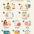 Femme souriante entourée d'objets de la vie quotidienne représentant la frugalité
