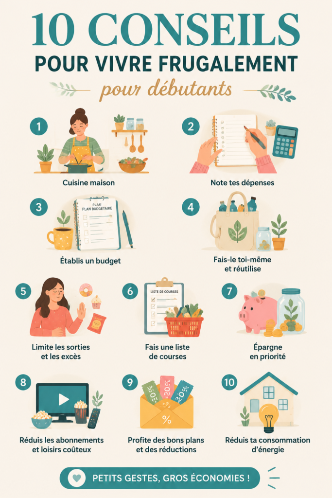 Femme souriante entourée d'objets de la vie quotidienne représentant la frugalité