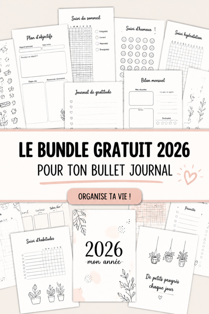Illustration d'un Bullet Journal rempli de pages colorées et bien organisées.