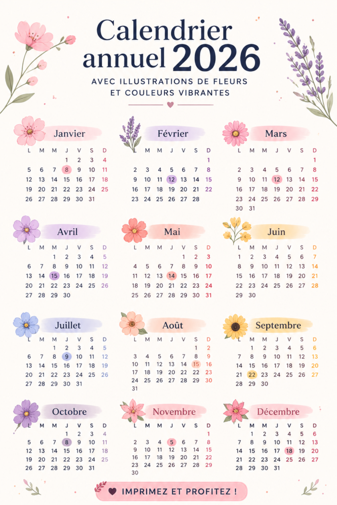 Calendrier annuel 2026 coloré avec des illustrations florales à imprimer