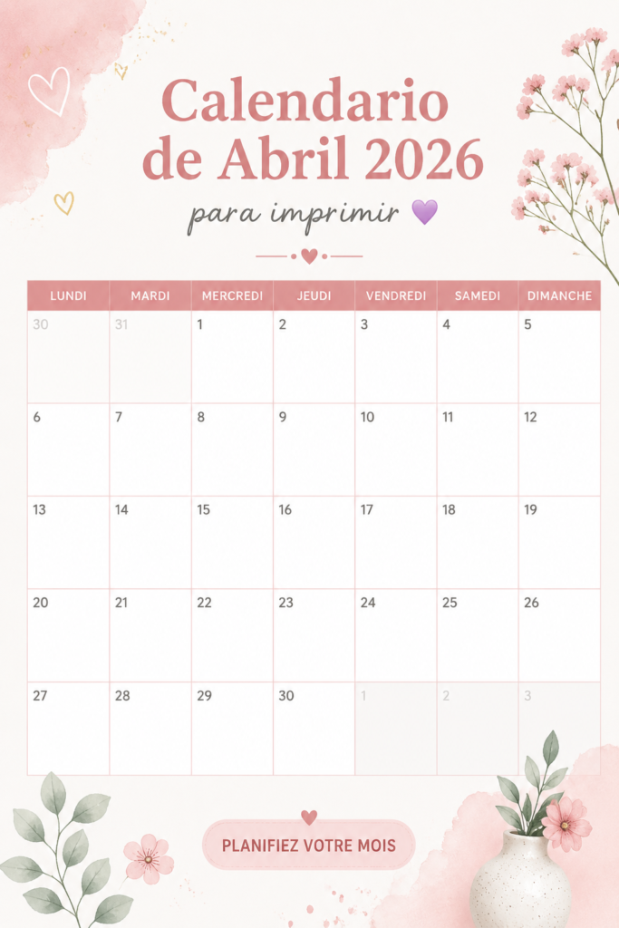 Calendrier d'avril 2026 à imprimer avec des motifs élégants