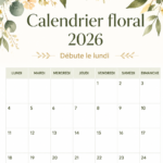 Un calendrier floral coloré pour 2026 sur un bureau.