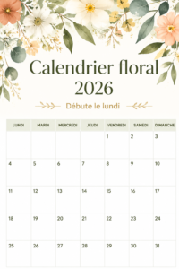 Un calendrier floral coloré pour 2026 sur un bureau.