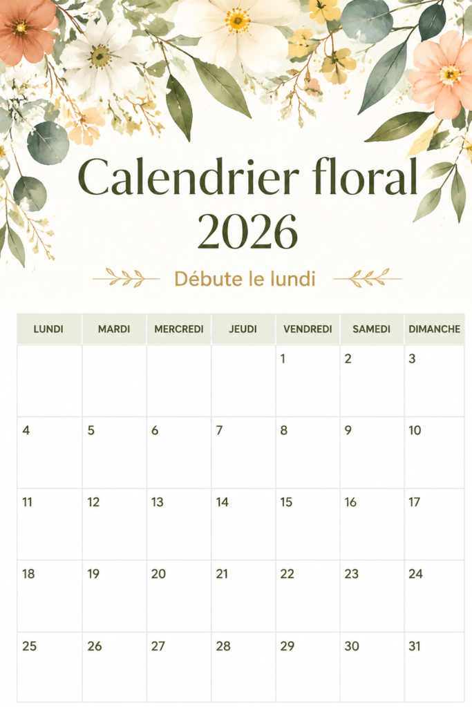 Un calendrier floral coloré pour 2026 sur un bureau.