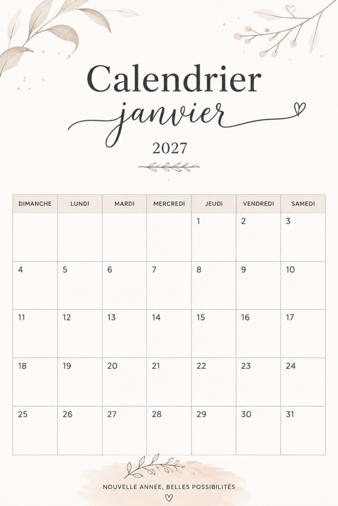 Un calendrier pour janvier 2027 à imprimer, idéal pour la planification.
