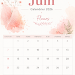 Calendrier floral de juin 2026 prêt à être imprimé, avec des motifs de fleurs colorées.