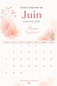 Calendrier floral de juin 2026 prêt à être imprimé, avec des motifs de fleurs colorées.