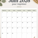 Calendrier de Juin 2026 imprimé sur un bureau avec des fournitures de bureau.