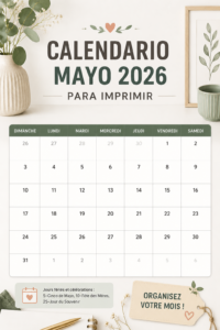 Calendrier de mai 2026 à imprimer avec une mise en page pratique.