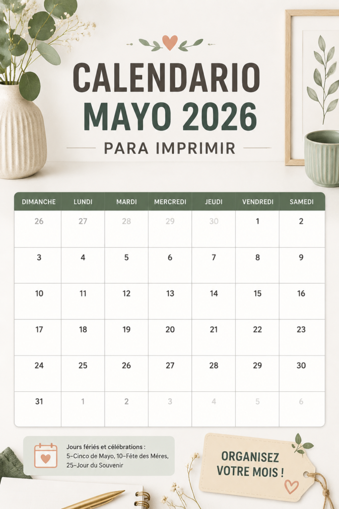 Calendrier de mai 2026 à imprimer avec une mise en page pratique.