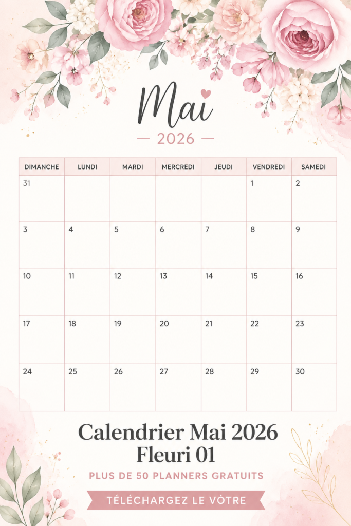 Calendrier de mai floral imprimable avec des motifs colorés