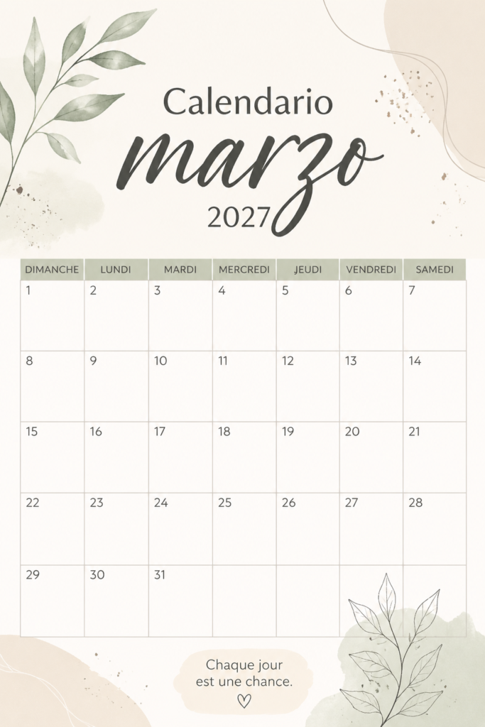 Calendrier de mars 2027 prêt à imprimer avec des illustrations florales