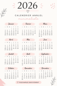 Calendrier minimaliste 2026 en PDF gratuit