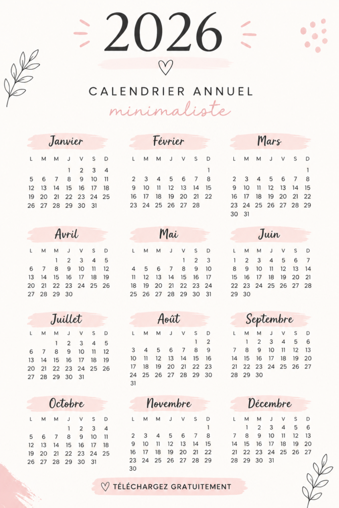 Calendrier minimaliste 2026 en PDF gratuit
