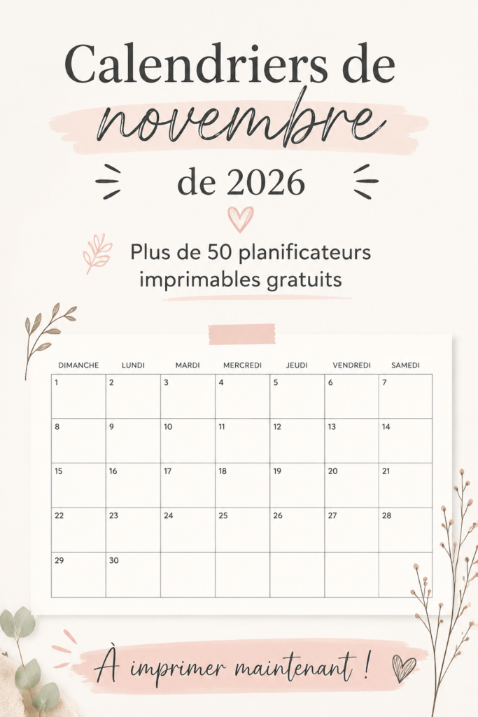 Calendrier de novembre 2026 avec des modèles imprimables gratuits