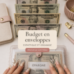 Un binder esthétique pour le cash stuffing avec des enveloppes colorées et stylisées sur une table.