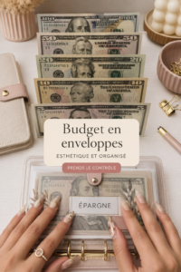 Un binder esthétique pour le cash stuffing avec des enveloppes colorées et stylisées sur une table.
