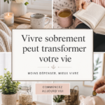 Image d'une femme souriante dans un café, représentant le bonheur simple d'une vie frugale.
