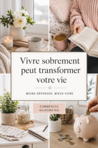 Image d'une femme souriante dans un café, représentant le bonheur simple d'une vie frugale.