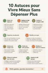 Image illustrant des astuces de frugalité avec des éléments de vie quotidienne et des économies.