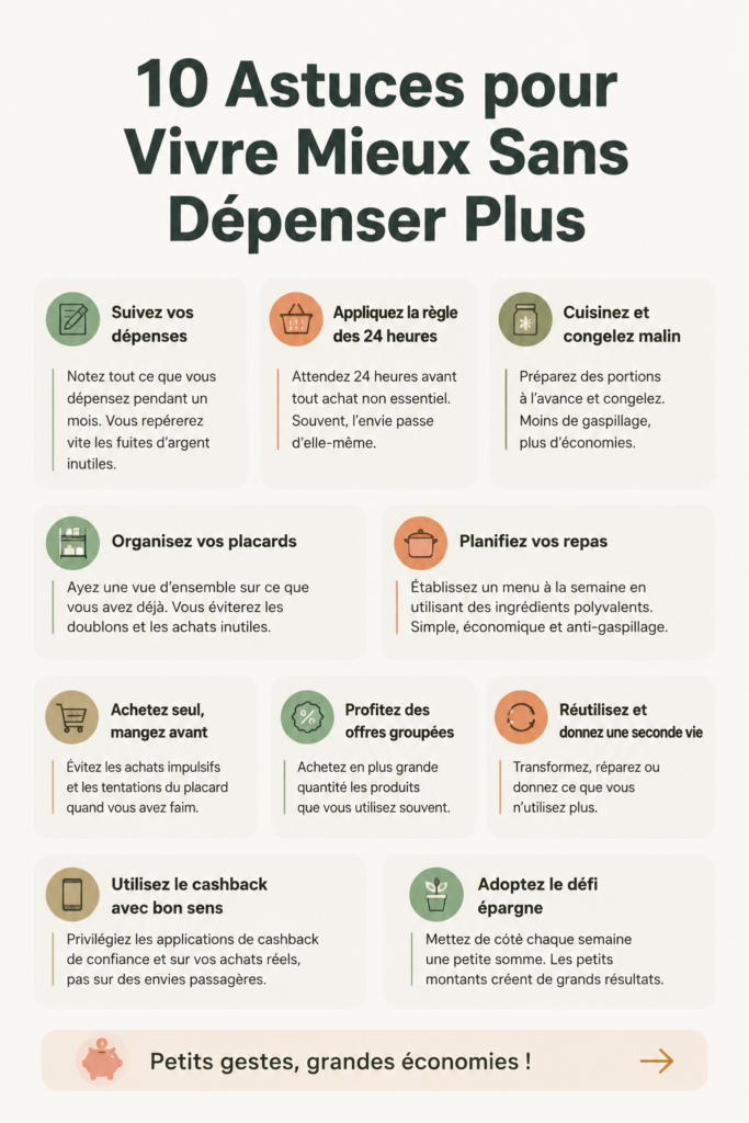 Image illustrant des astuces de frugalité avec des éléments de vie quotidienne et des économies.