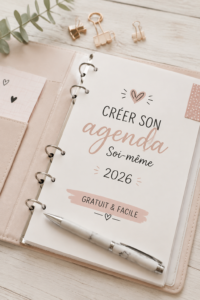 Un planner fait maison avec des pages organisées pour 2026 sur un bureau chaleureux, avec des fournitures de papeterie.