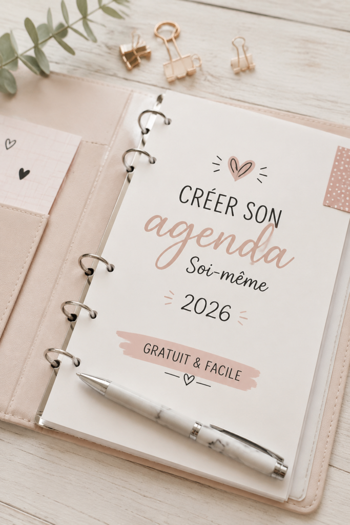 Un planner fait maison avec des pages organisées pour 2026 sur un bureau chaleureux, avec des fournitures de papeterie.