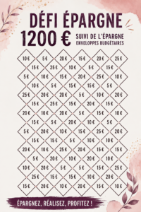 Illustration d'un défi d'épargne avec des enveloppes d'argent et un graphique de progression.