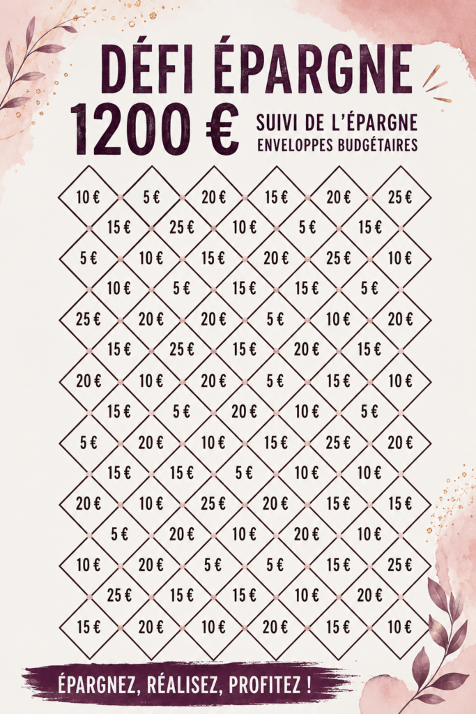 Illustration d'un défi d'épargne avec des enveloppes d'argent et un graphique de progression.