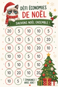 Défi d'épargne de Noël avec des décorations festives en arrière-plan