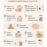 Une femme souriante, tenant un calculateur et des économies, illustrant des défis d'économie à relever.