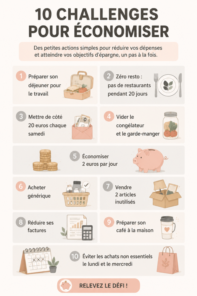 Une femme souriante, tenant un calculateur et des économies, illustrant des défis d'économie à relever.