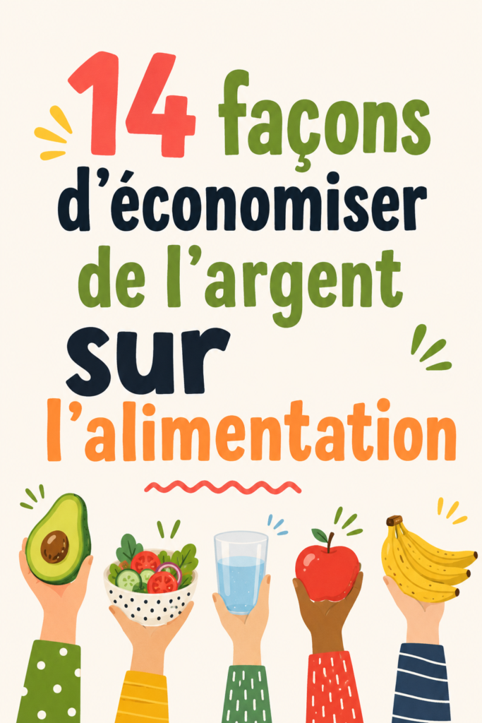 Une mère de famille faisant ses courses avec une liste, souriante, illustrant les économies sur le budget alimentaire.