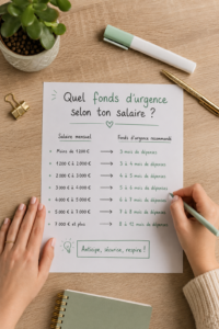 Femme réfléchissant à ses finances personnelles pour créer un fonds d'urgence adapté à son salaire.
