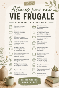 Image d'une femme inspirée par un mode de vie frugal, entourée d'objets du quotidien, économiquement gérés.
