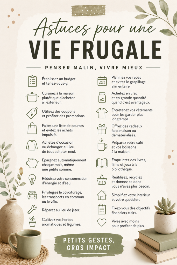 Image d'une femme inspirée par un mode de vie frugal, entourée d'objets du quotidien, économiquement gérés.