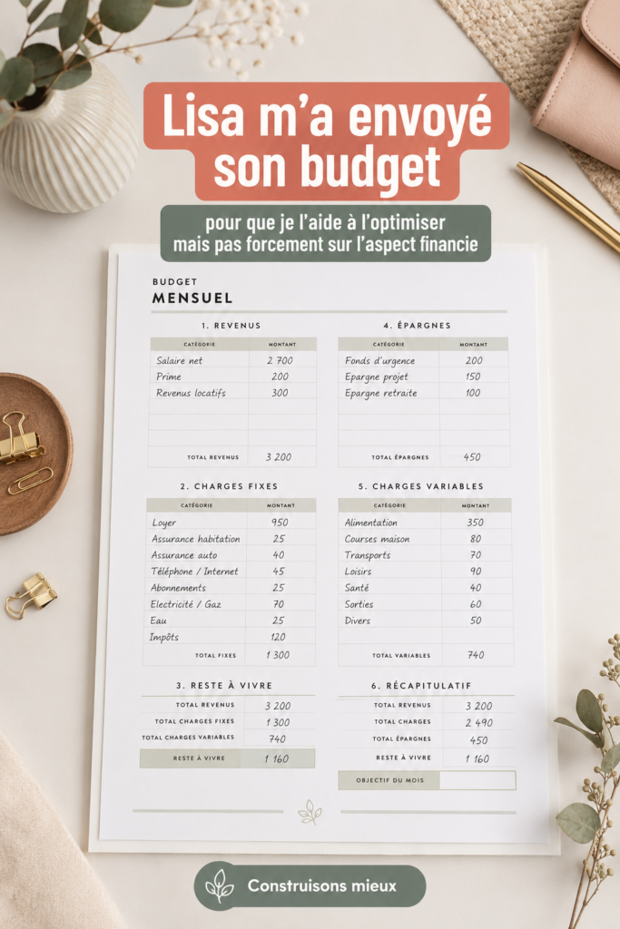 Femme souriante consultant son budget avec un ordinateur portable, atmosphère chaleureuse et organisée.