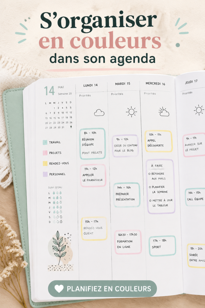 Agenda coloré ouvert sur une table, illustrant l'organisation par couleurs.