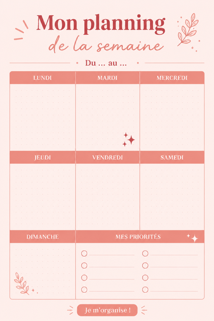 Modèle de planner hebdomadaire minimaliste A4 disponible en téléchargement gratuit.